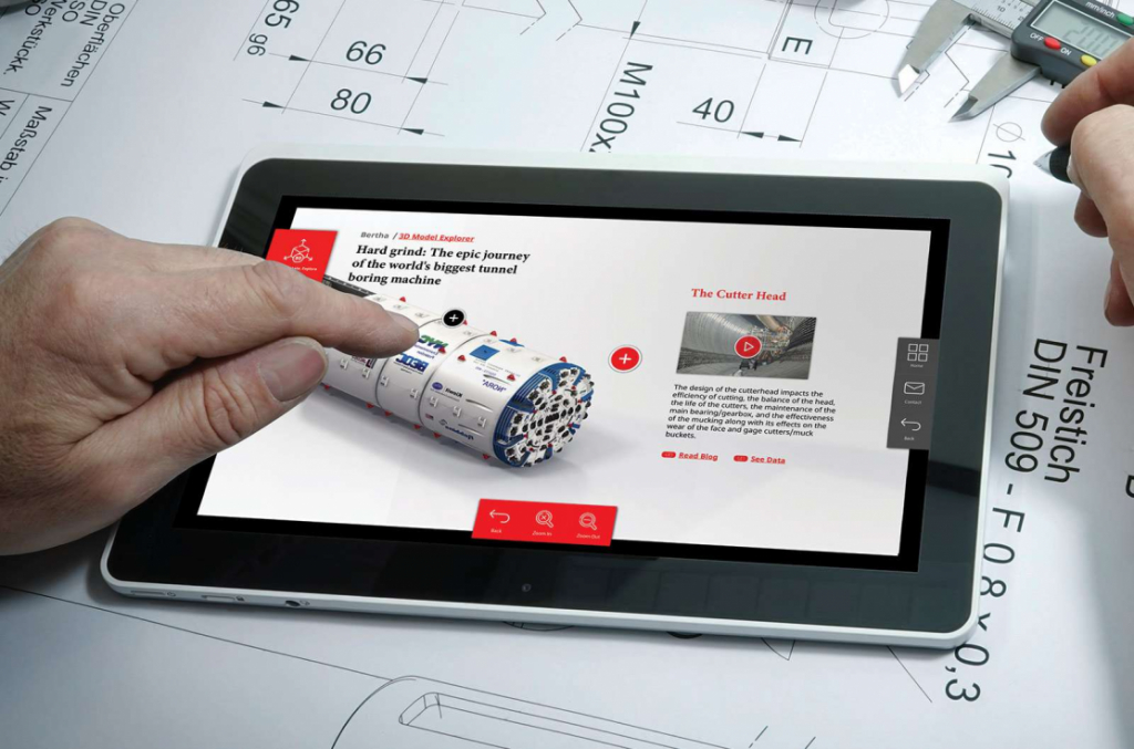 person interacting with digital touchscreen presentation on tablet