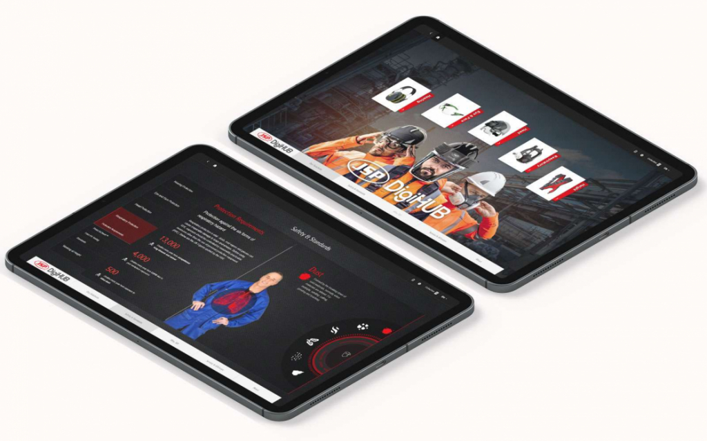 Example of JSP DigiHUB digital touchscreen sales enablement tool displayed on two black iPads