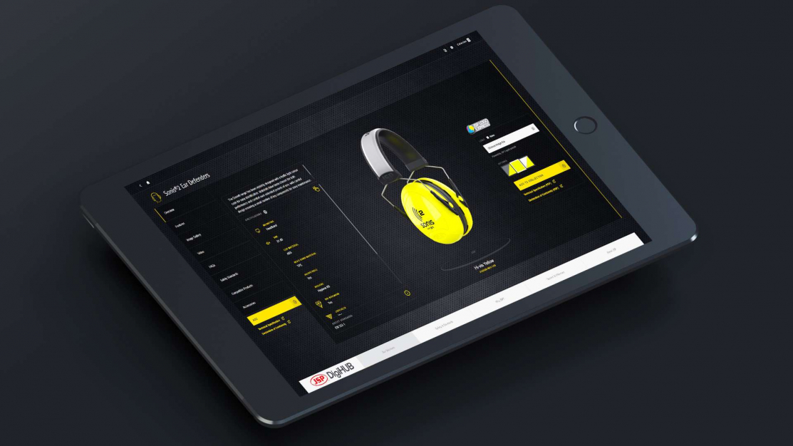 Touchscreen tablet displaying JSP DigiHUB digital sales enablement tool