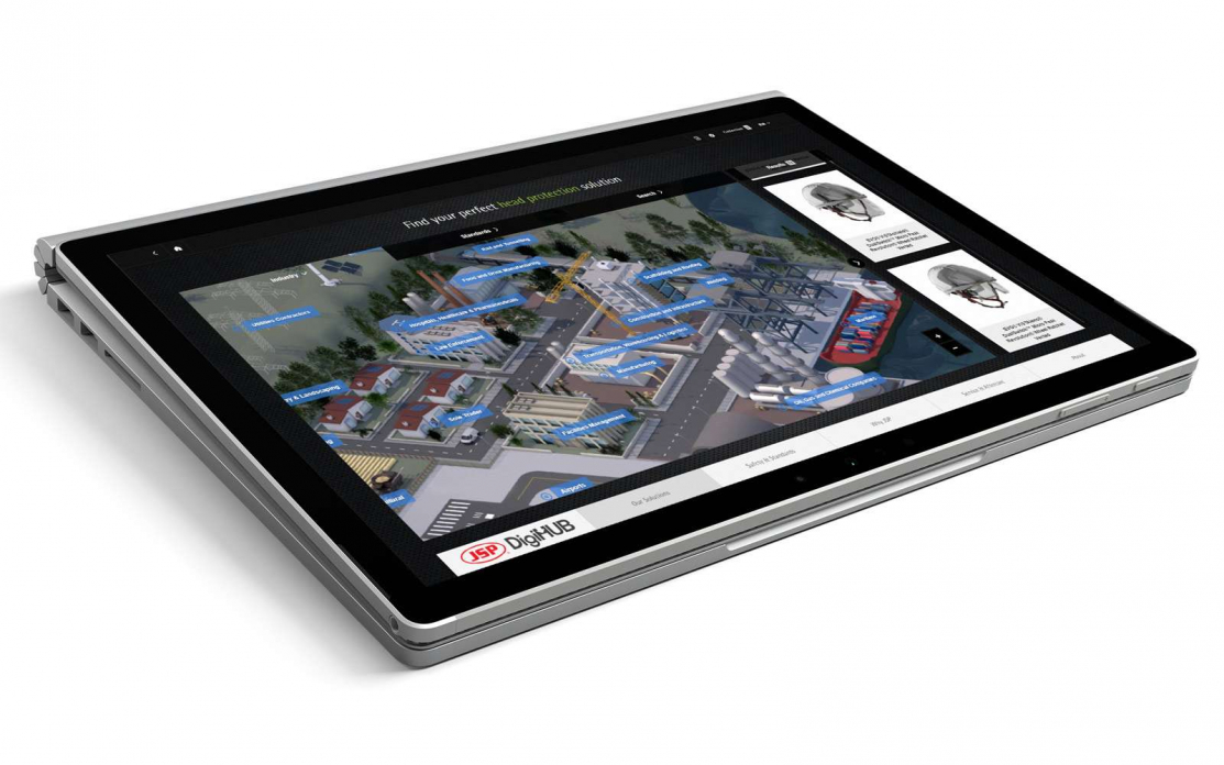Touchscreen tablet displaying an interactive map example of JSP DigiHUB sales enablement tool