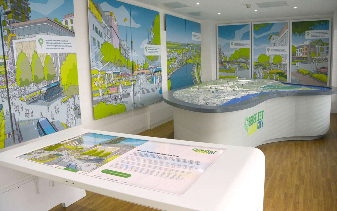Eppfleet interactive display showing illustrated walls and large interactive touchscreen presentation on white table