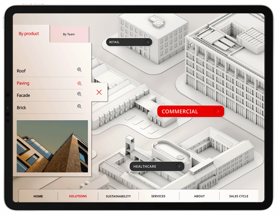 Wienerberger interactive touchscreen presentation of illustrated map displayed on black tablet