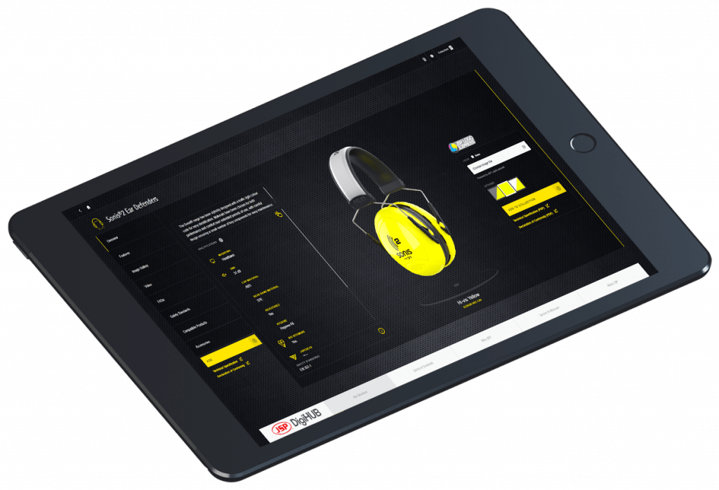 Black iPad displaying JSP DigiHUB interactive touchscreen presentation showing Sonis2 Ear Defenders