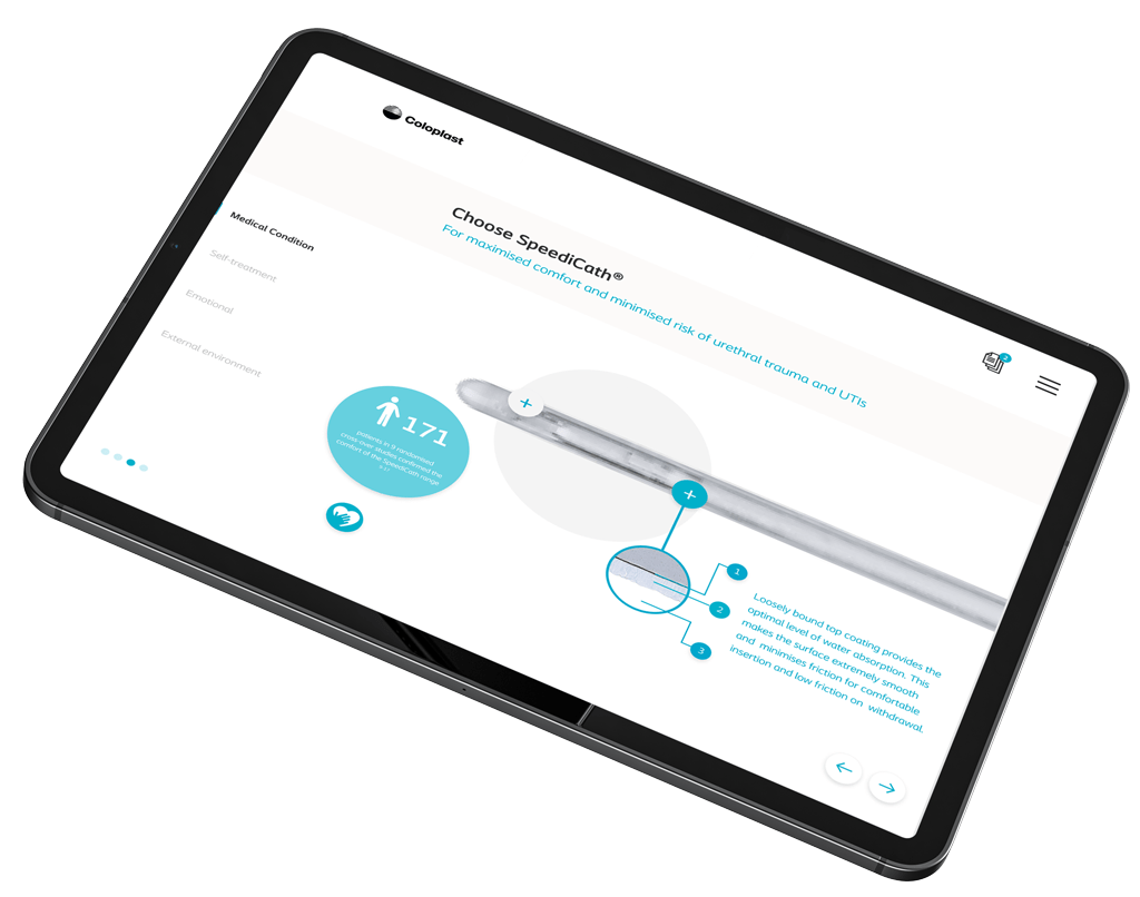 Black tablet displaying Coloplast interactive touchscreen digital presentation