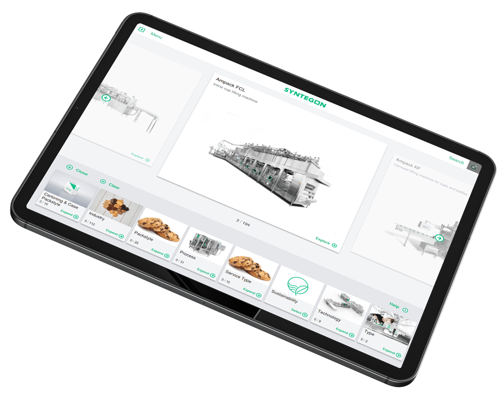 Black tablet displaying Syntegon interactive touchscreen digital presentation