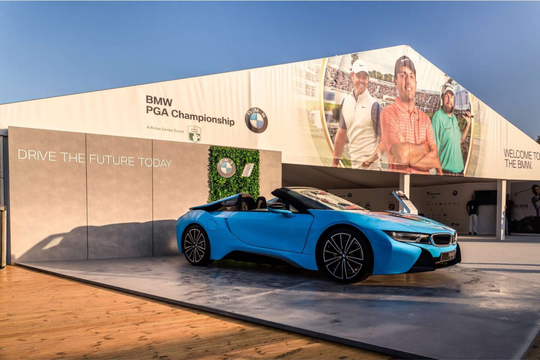 blue BMW soft-top sports car displayed at PGA Championship