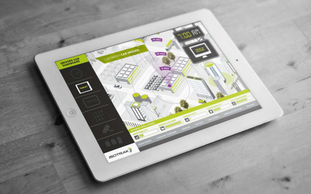 White iPad displaying Isotrak digital illustrated map on touchscreen presentation