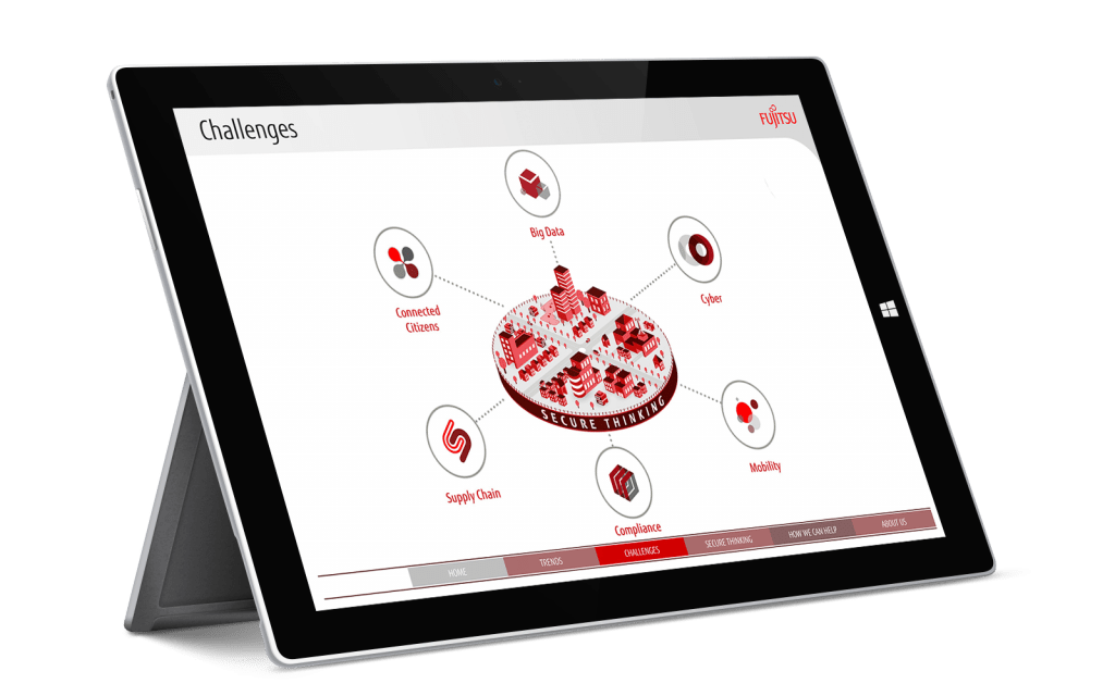 Fujitsu interactive touchscreen sales enablement tool displayed on black iPad
