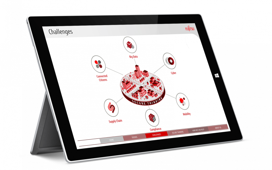 Fujitsu interactive touchscreen sales enablement tool displayed on black iPad