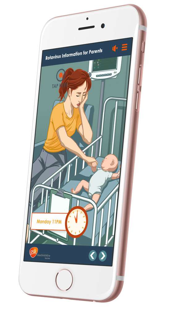 rose gold iPhone showing illustration of mother and baby Rotavirus Information for Parents on gsk interactive touchscreen app
