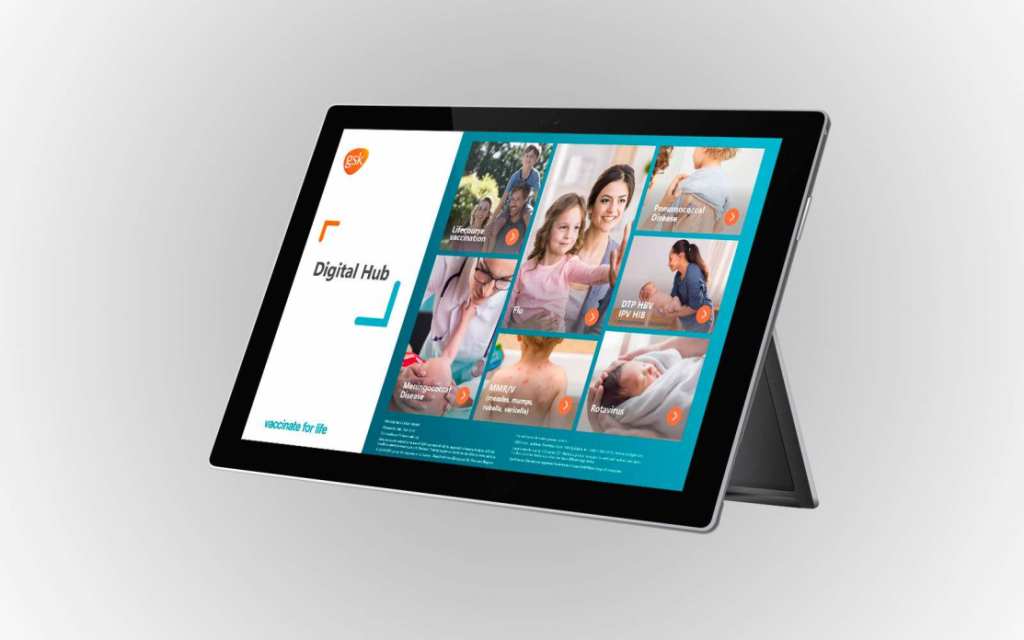 GSK interactive touchscreen display software digital hub page shown on black tablet
