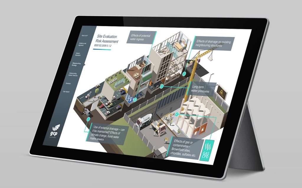 silver iPad showing gcp touchscreen interactive map presentation