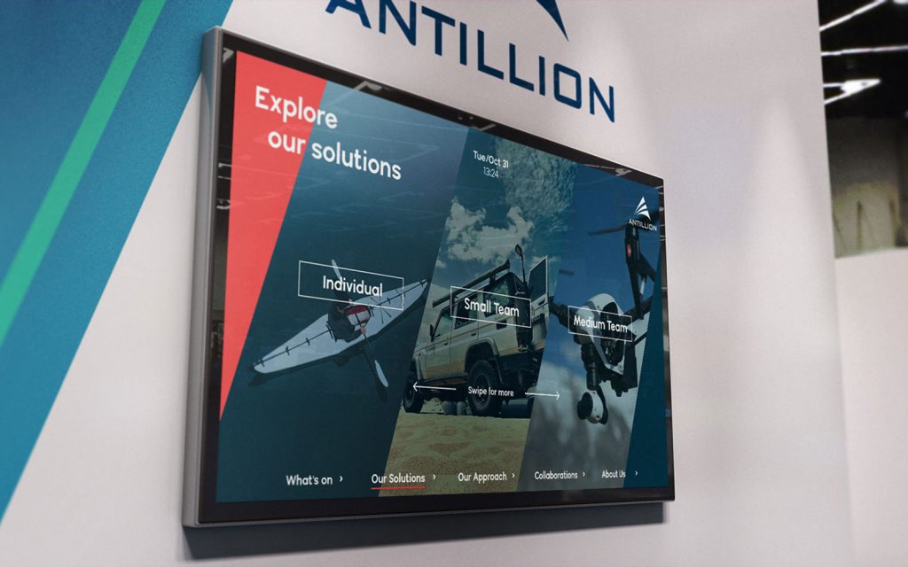 Antillion interactive software displayed on large screen on office wall
