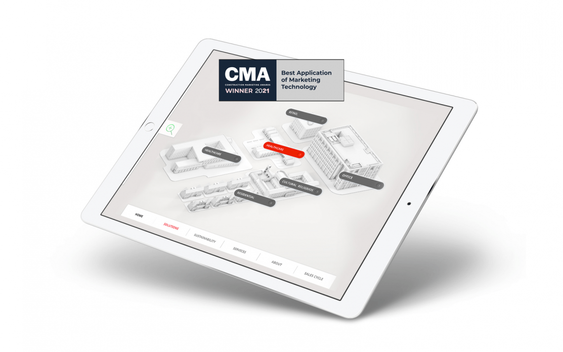 white iPad on white background showing an interactive 3d city for a sales enablement interactive presentation for Wienerberger in the construction industry