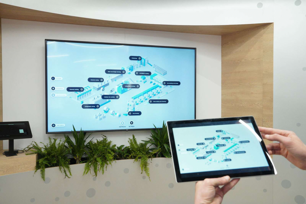 large 90-inch screen on the wall and another tablet being held by a person, the tablet has an interactive presentation which is mirrored on the large screen