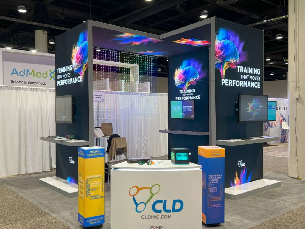 A wide angle shot of CLD's eye-catching exhibition stand. Their stand includes two interactive touchscreen experiences built by POPcomms.