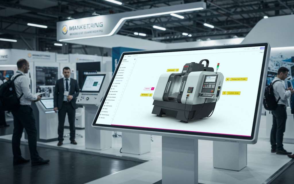 closeup picture of white touchscreen with a picture of a manufacturing machine at a tradeshow with people in the background