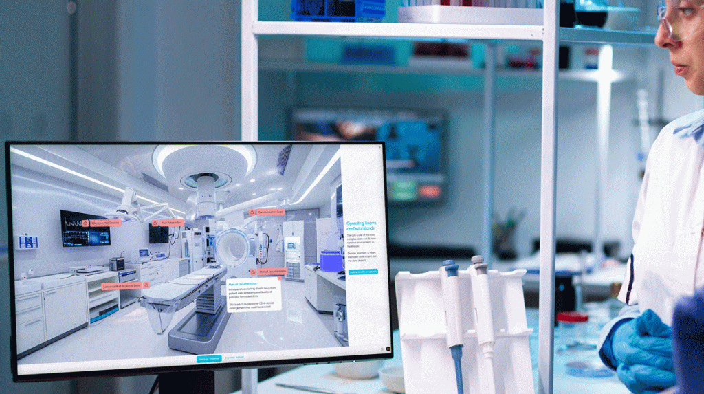 Healthcare buyer reviewing interactive operating room and product data platform to evaluate technology investment