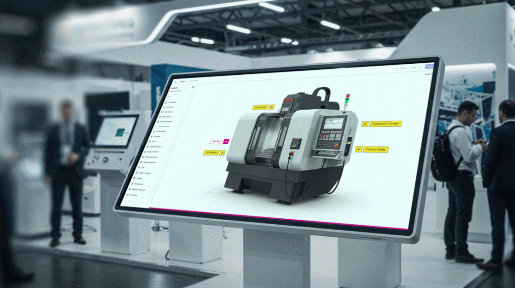 Technical buyer interacting with 3D machine configurator to evaluate manufacturing equipment specifications.